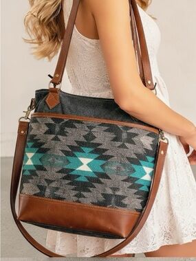 Myra Bag - Large Boho Tote Turquoise Gray with Aztec Design Canvas New